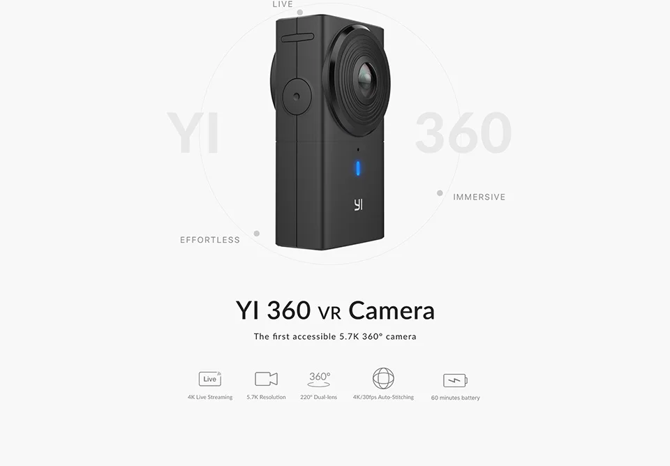 Панорамная камера YI 360 VR 360-градусная съемка Функция голосового управления Максимальное разрешение фотосъемки: 5760×2880