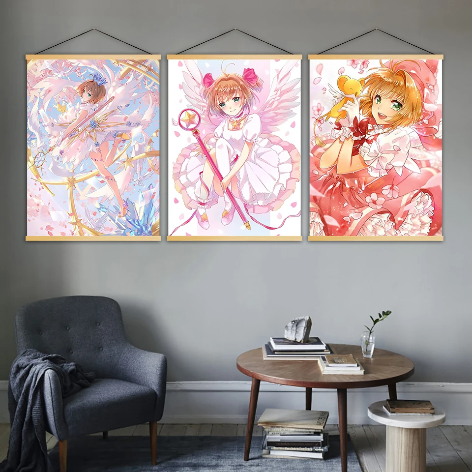

Wall Artwork Picture Home Decor Canvas Cardcaptor Sakura Anime Poster Modern Wooden Scroll Hanging Painting Living Room Print