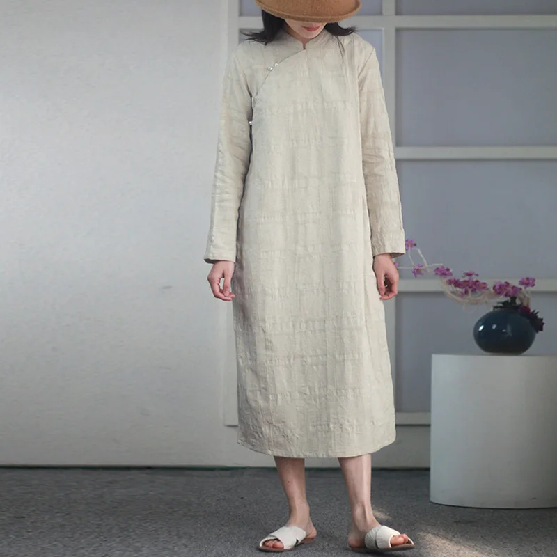 

Johnature Chinese Style Dress Button Stand Long Sleeve Cheongsam 2019 Spring New Cotton Linen Women Cloths Plaid Vintage Dress