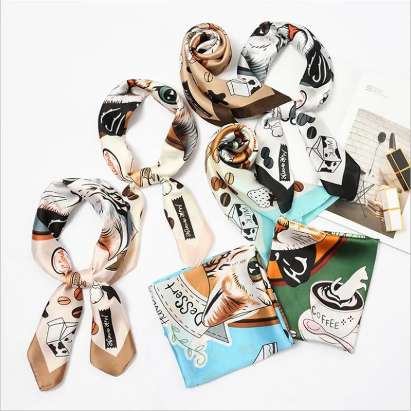 New 70x70cm Women Polyester Silk Scarf Cat Food Cute Printed Satin Small Square Wraps Scarves Shawl Headbands Ties handchiefs |