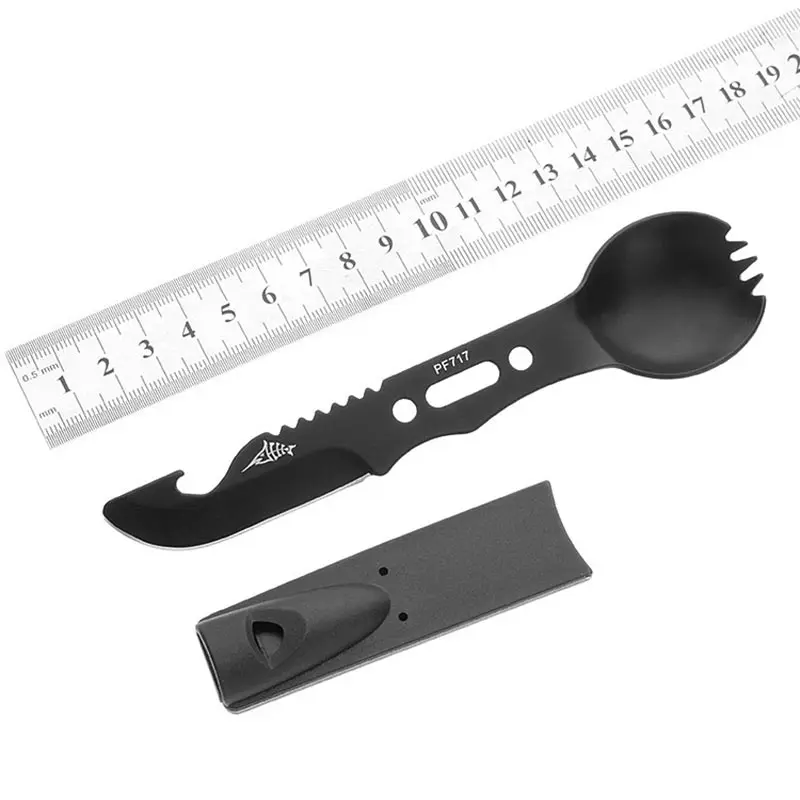 Outdoor Camping Multipurpose Tools Fork Knife Spoon Fork Bottle Opener Tainless Steel Cutlery Hiking Survival Whistle Travel Kit (5)