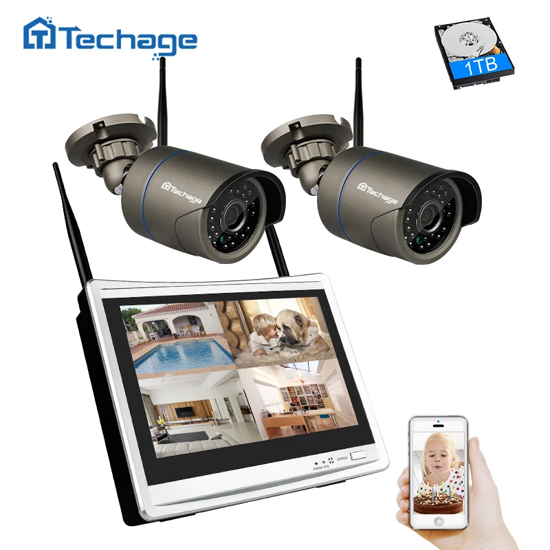 Techage 1080P Беспроводная система видеонаблюдения 4CH 12 дюймов lcd NVR 2MP внутренняя