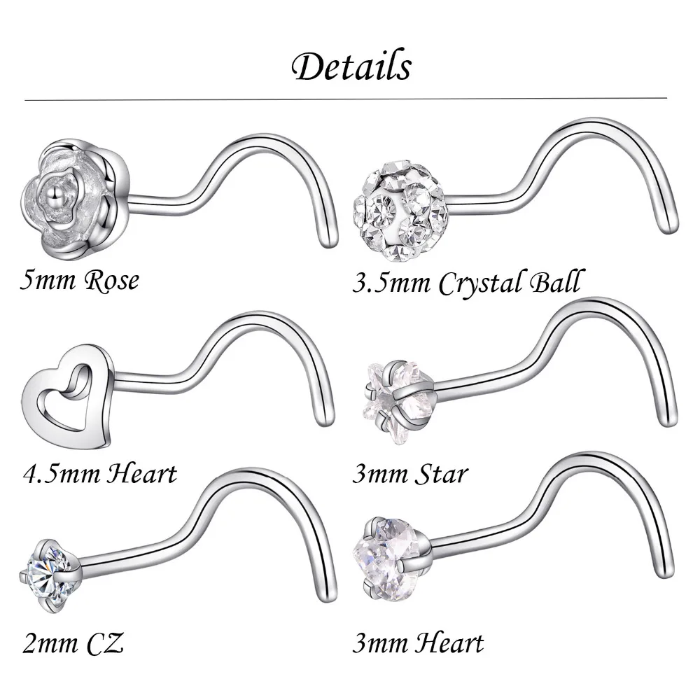 GAGABODY 20 г шпильки для носа хирургические стальные Цветочные ноздри штифты, винты Сердце Звезда кольцо для носа обруч Пирсинг для тела Сердце нос шпилька
