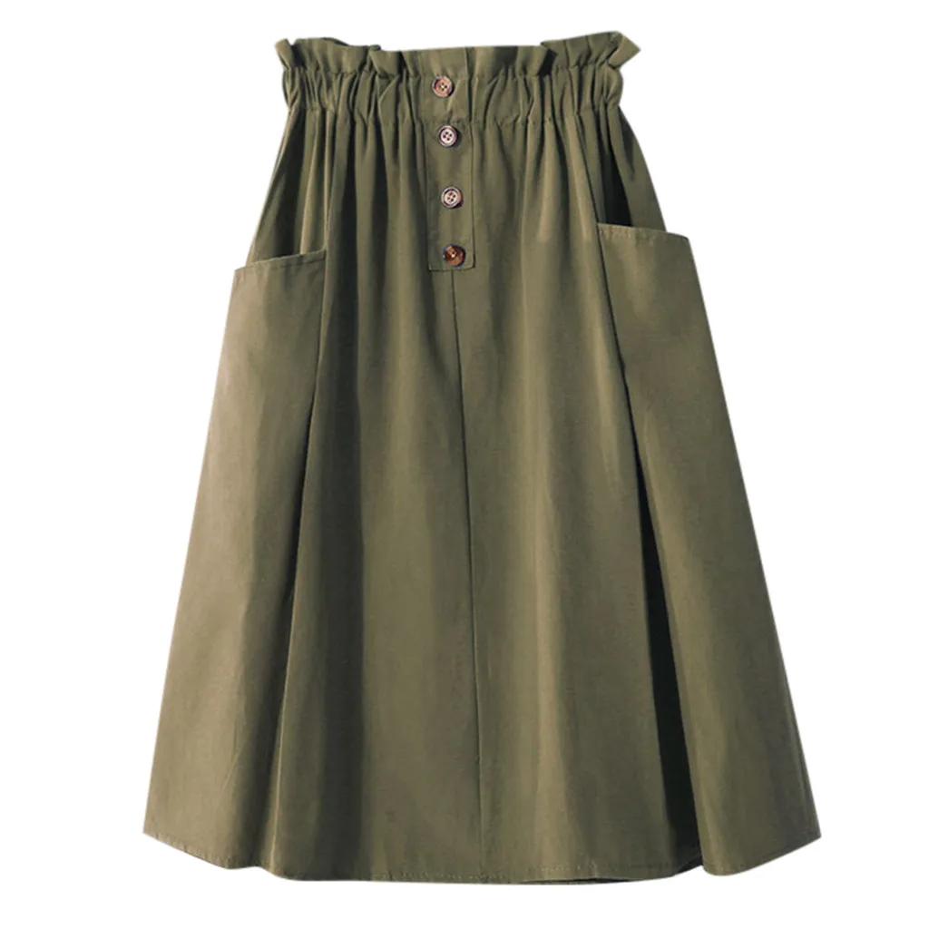 Страусиная женская юбка, студенческий стиль, одноцветная, высокая талия, двойной карман, пуговица, достойная мода, Летняя короткая юбка под него - Цвет: Армейский зеленый