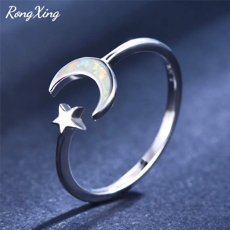RongXing кольцо с белым золотом в форме звезд и Луны синее/Белое огненное Опаловое