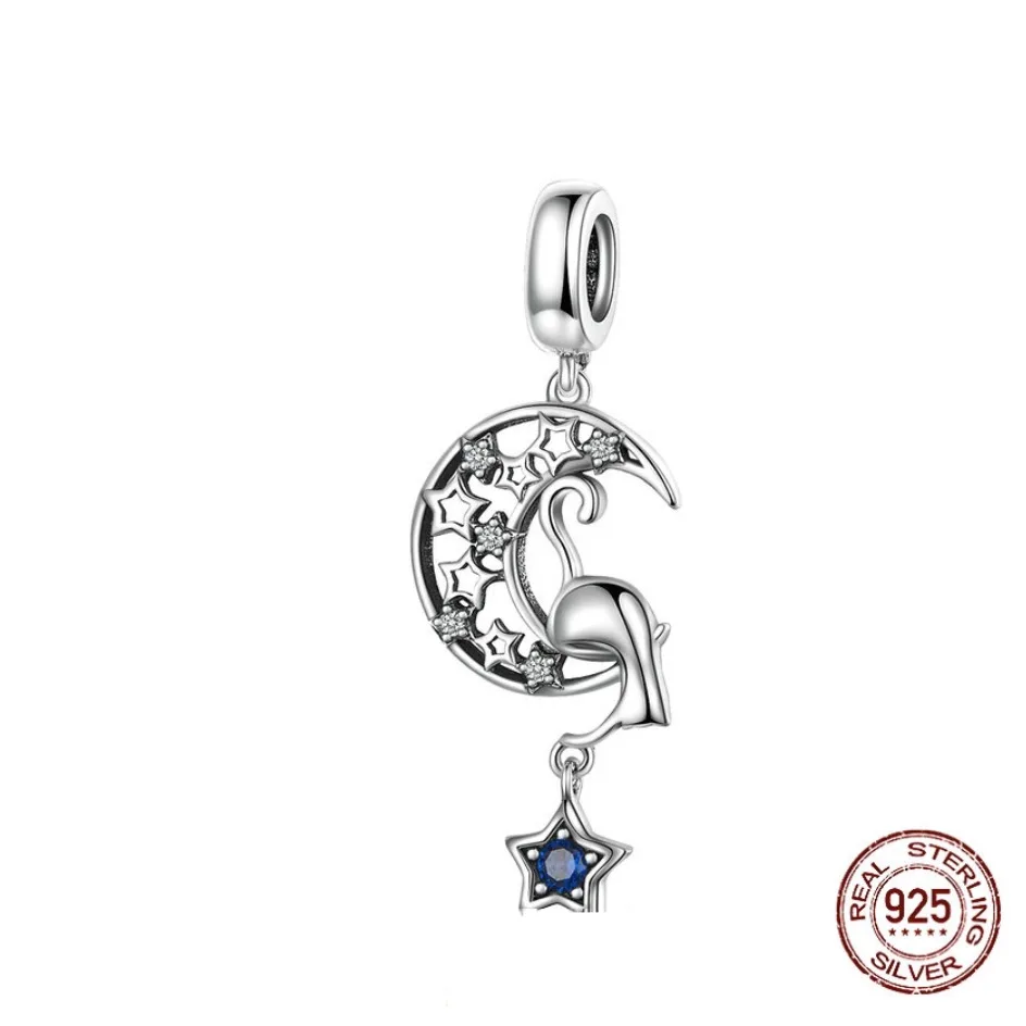 

Authentic 925 Sterling Silver Beads Vintage Moon and Star Cat Pendant Charms fit Original Pandora Bracelets Women DIY Jewelry
