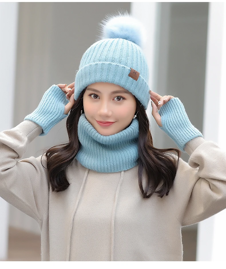 9 цветов Высокое качество корейская мода зима сплошной цвет для женщин шляпа + шарф Прихватки для мангала утепленная одежда вязание Hairball