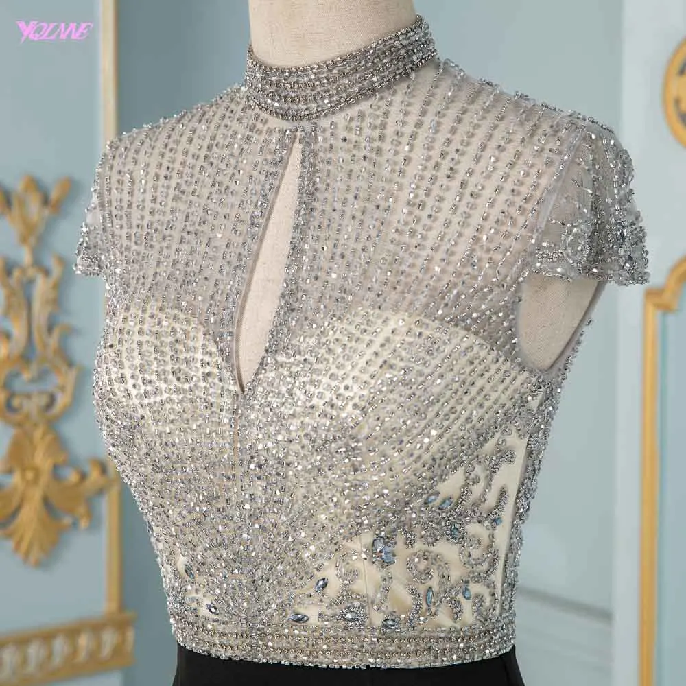 Black Crystals Mermaid Evening Dresses Long Cap Sleeve Formal Evening Gown YQLNNE Black Crystals Mermaid Evening Dresses Long Cap Sleeve Formal Evening Gown YQLNNE