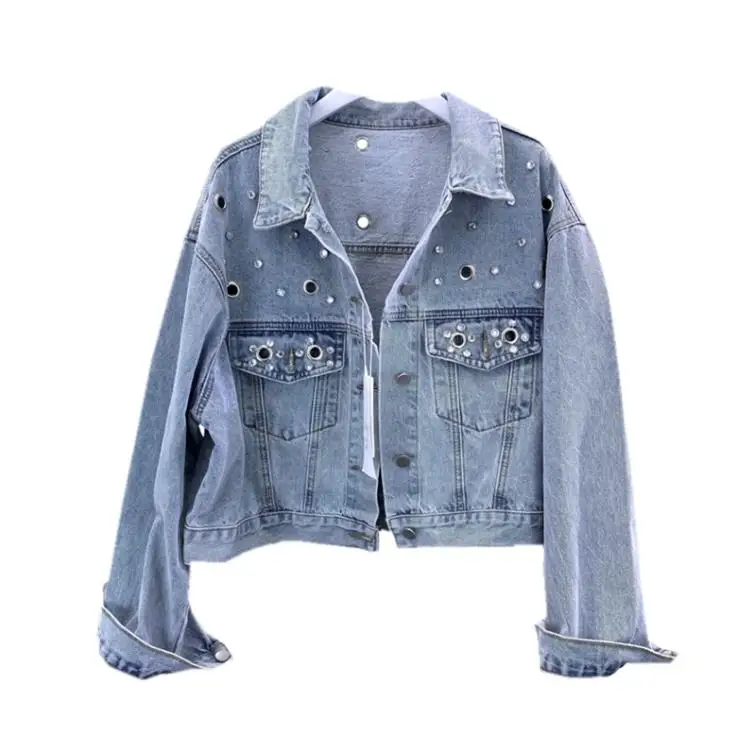

2019 spring new fashion diamond ring short denim jacket female long-sleeved loose casual jeans coat 1909