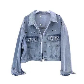 

2019 spring new fashion diamond ring short denim jacket female long-sleeved loose casual jeans coat 1909