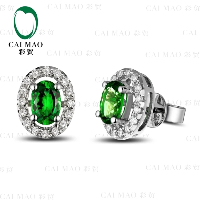 CaiMao 18KT/750 White Gold 0.88 ct Natural Tsavorite & 0.23 ct Full Cut Diamond Engagement Gemstone Earrings Jewelry
