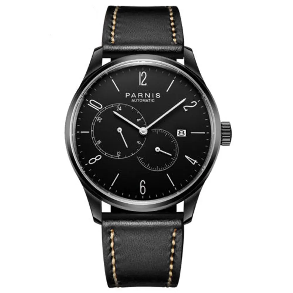 

42mm parnis Black Dial PVD Coated Complete Calendar Leather Strap top brand Luxury Miyota Automatic Mechanical Mens Wristwatches