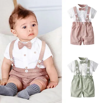 

2019 Fashion Baby Boy Clothes Short Sleeve White T Shirt+Pants+Bow Tie 3PCS Gentleman Baby Clothing Set Newborn Kid Wedding Suit