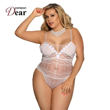 Comeondear Catsuit Body Sexy White Lace Bodysuit Straps Transparent Jumpsuit Erotic Plus Size Lace Mesh Bodysuit Neon RA80630 plus plunging sequin mesh bodysuit