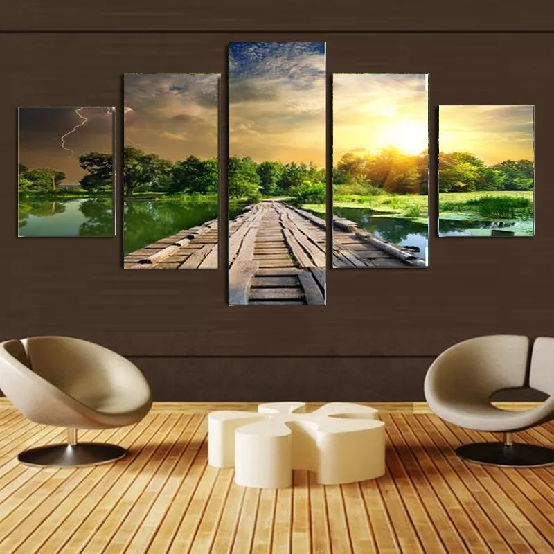 No-Frame-5-Panel-Modern-Mural-Paintings-Print-Wooden-Trestle-Sunrise-Landscape-Wall-Art-Picture-For