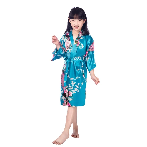Новое платье для девочек атласное кимоно; наряд на свадьбу для подружки невесты вечерние Халаты для девочек "павлин", ночная рубашка, одежда для сна халаты для девочек B22 - Цвет: acid blue