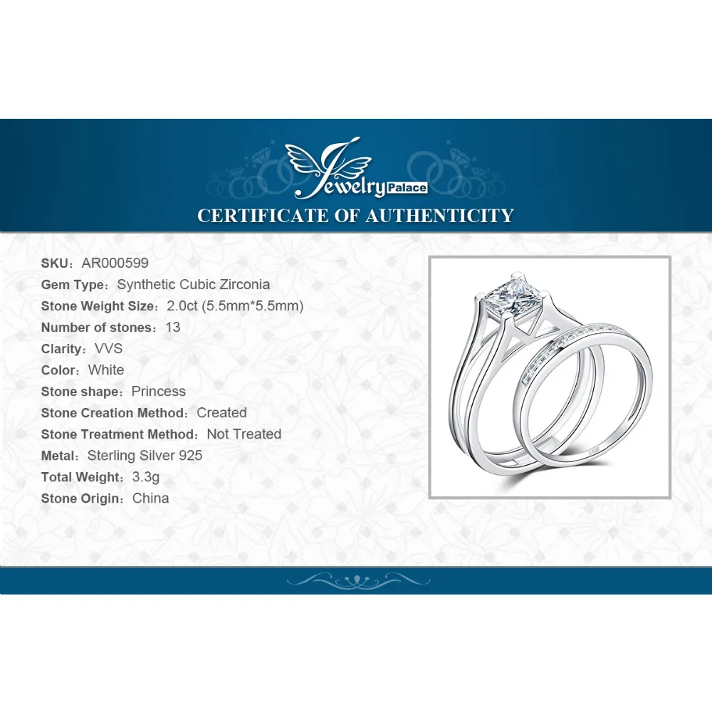 JewelryPalace Hot 2ct Princess Cut Solitaire Ring Engagement Wedding Band Rings Bridal Channel Sets 925 Sterling Silver Jewelry