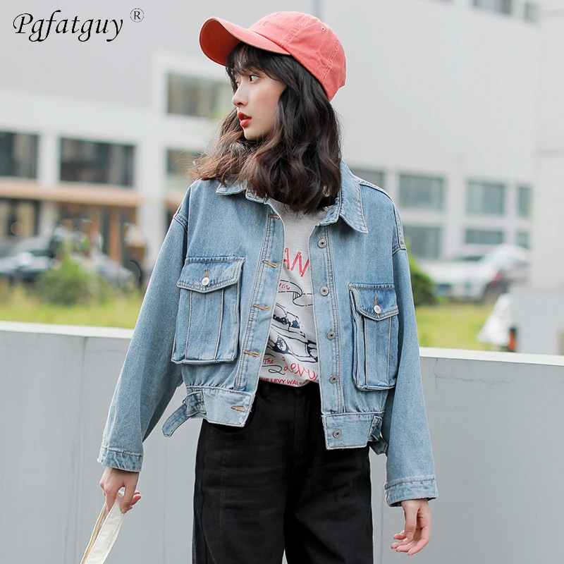 Estilo Preppy azul, de las mujeres Denim Bolsillo grande de carga chaquetas damas otoño chaquetas mujer ropa de abrigo| chaquetas básicas| - AliExpress