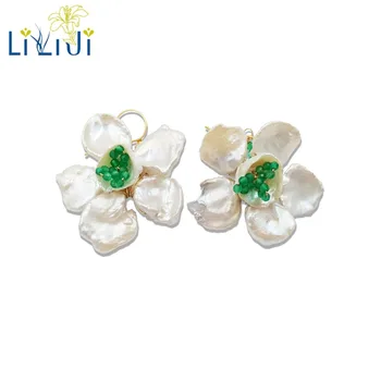 

LiiJi Unique Keshi Pearl,Green Onyx Handwork 925 Sterling Silver Gold Color Flowers Earrings Women Party Jewelry