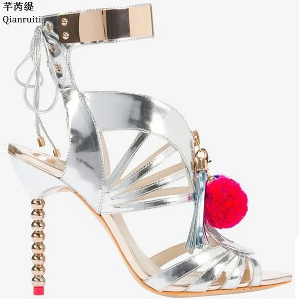 

Qianruiti Rome Style Pom-Poms Lace-Up Women Sandals Cut-Outs High Heels Shoes Silver Gold Patchwork Mirrored-Leather Women Pumps