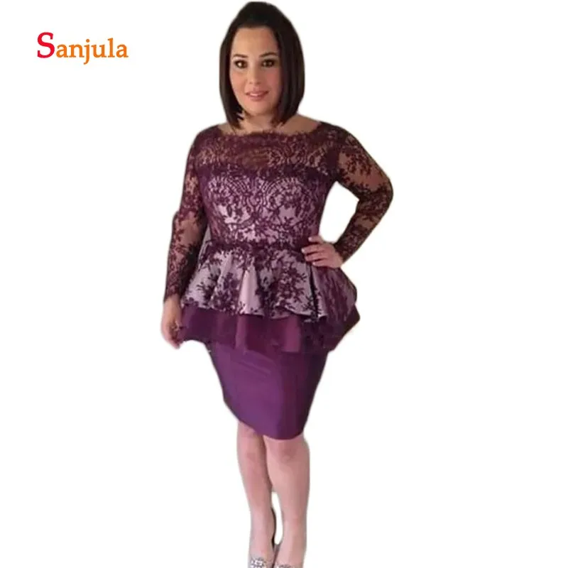 Lace Lange Mouwen Backless Wedding Party Dress voor Vrouwen Knie Lengte Satin Peplum Dark Red Moeder van de Bruid Jurken d223 Lace Lange Mouwen Backless Wedding Party Dress voor Vrouwen Knie Lengte Satin Peplum Dark Red Moeder van de Bruid Jurken d223