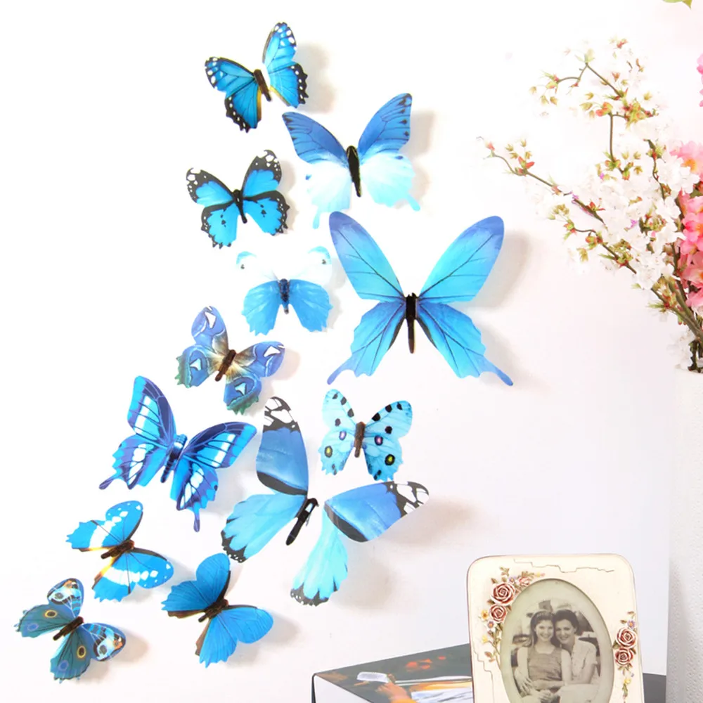 12 шт., 3D наклейки на стену с бабочкой, наклейки на стену, художественная наклейка на стол, домашний декор, наклейки на стену, обои с бабочками J#1 - Цвет: Blue