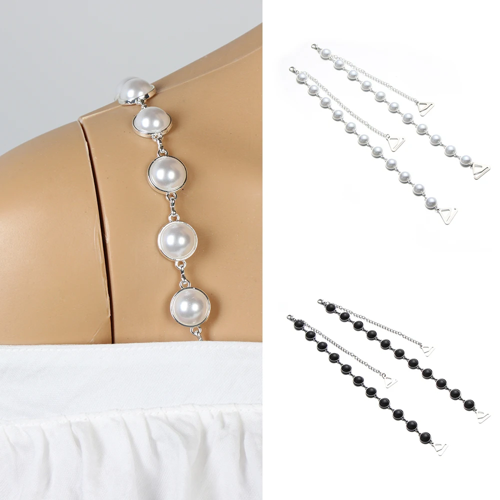 

Women Decorative Bra Straps Luxury Imitation Pearls Beaded Shoulder Chain Replacement Removable Adjustable With Metal Hooks
