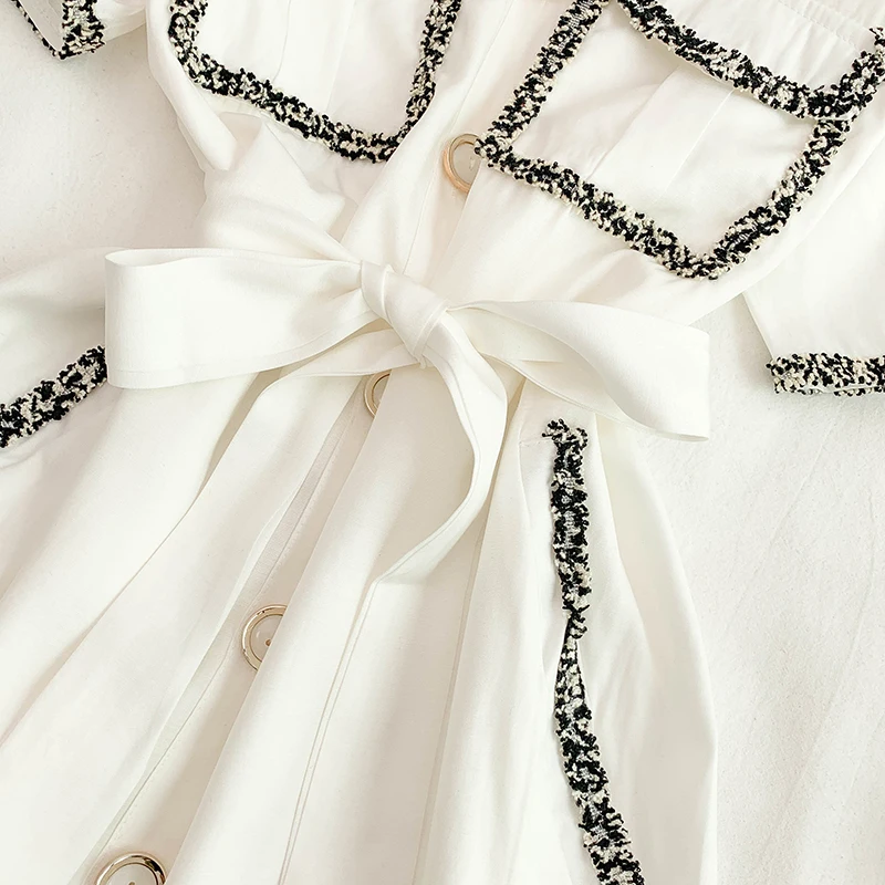 Лето, офисное женское платье белого и черного цвета со стоячим воротником, Элегантное однобортное мини-платье с коротким рукавом и карманами, OL Vestidos