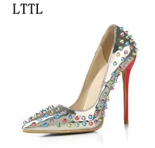 Sexy Women Multi-color Rivet Pumps Pointed Toe Slip On Thin High Heels Party Wedding Dress Shoes Ladies Rivers Shoes Tide