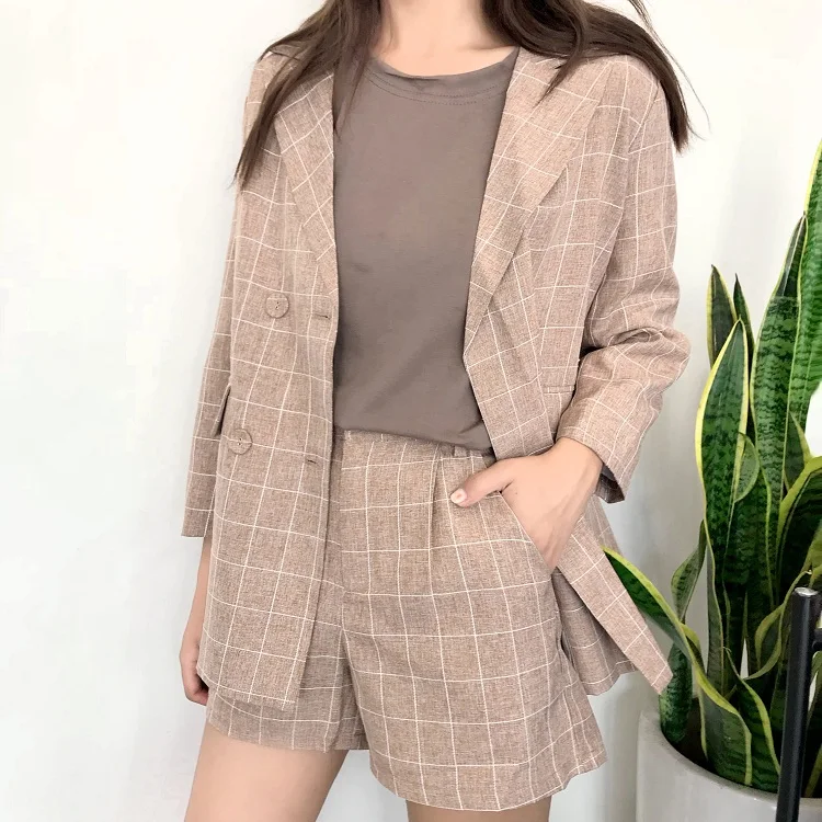 Plaid Blazer Set Women Elegant Office Suit Women OL Work Lattice Two Piece Set Jacket Blazer Coat+ Mini Shorts Female Tracksuit