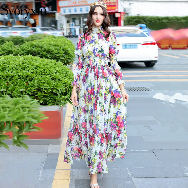 

Svoryxiu High Quality Women's Summer Beach Chiffon Maxi Dress Elegant Elasticity Waist Floral Print Runway Maxi Long Dress