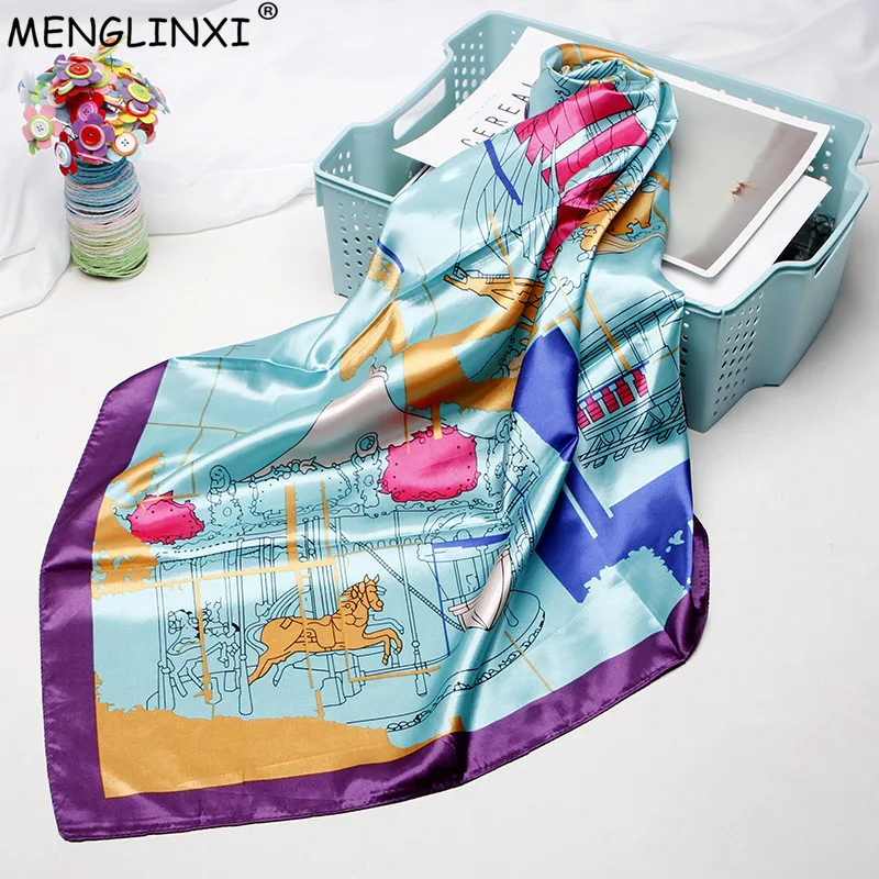 

Horse Map Square Scarf 2019 New Scarves For Women Satin Silk Scarf Female Shawl Bandana For Head Hijab Fashion Scarfs For Ladies