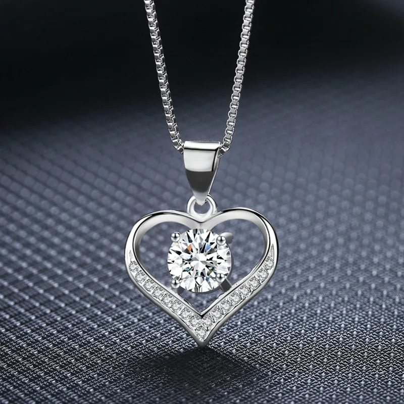 

Zircon rhinestones hollow heart necklaces pendants for women white plated alloy chain female pendant necklace girls jewelry