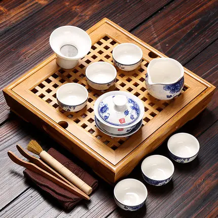 Китайский чайный набор кунг-фу керамические чайные наборы с поддоном весь чай пуэр, чай улун, чайник чашки Tieguanyin набор с бамбуковым поддоном - Цвет: 07 Sets