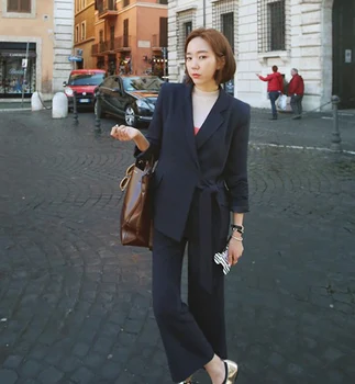 

New Thin Long Sleeved All Match Commuter Tie Wide Leg Pants Size Fasten Strip Elegant Women Dark Blue Women Suit