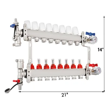 

8-Branch PEX Radiant Floor Heating Manifold Set - Stainless Steel, for 1/2"PEX