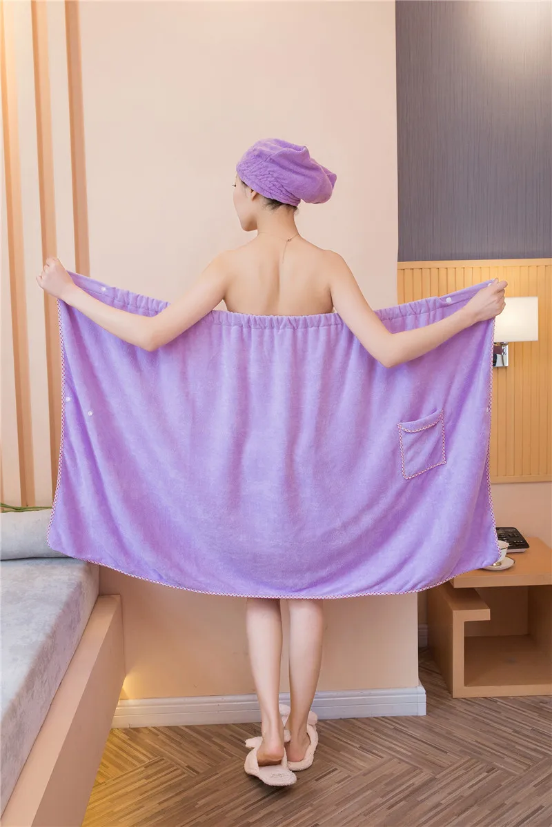 XC USHIO 1 set Magic Soft Wearable Woman Bath Towel With Hair Towel & Pocket & Button & Waist Design Fashion Bath Skirt GF Gift (25)