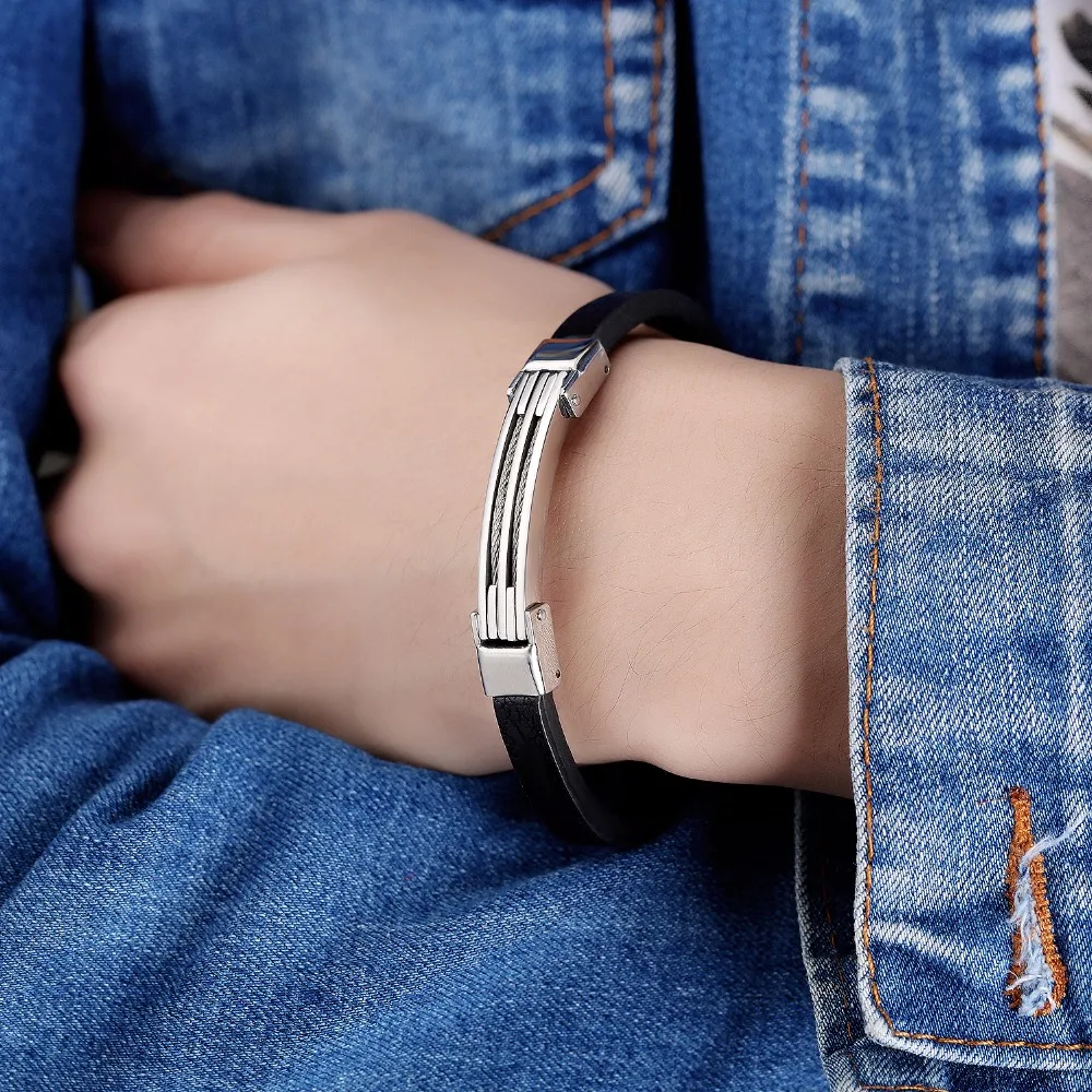 FATE LOVE Brand Male Men Punk Black PU Leather Charm Bracelet & Bangles Fashion Jewelry Boyfriend Gift