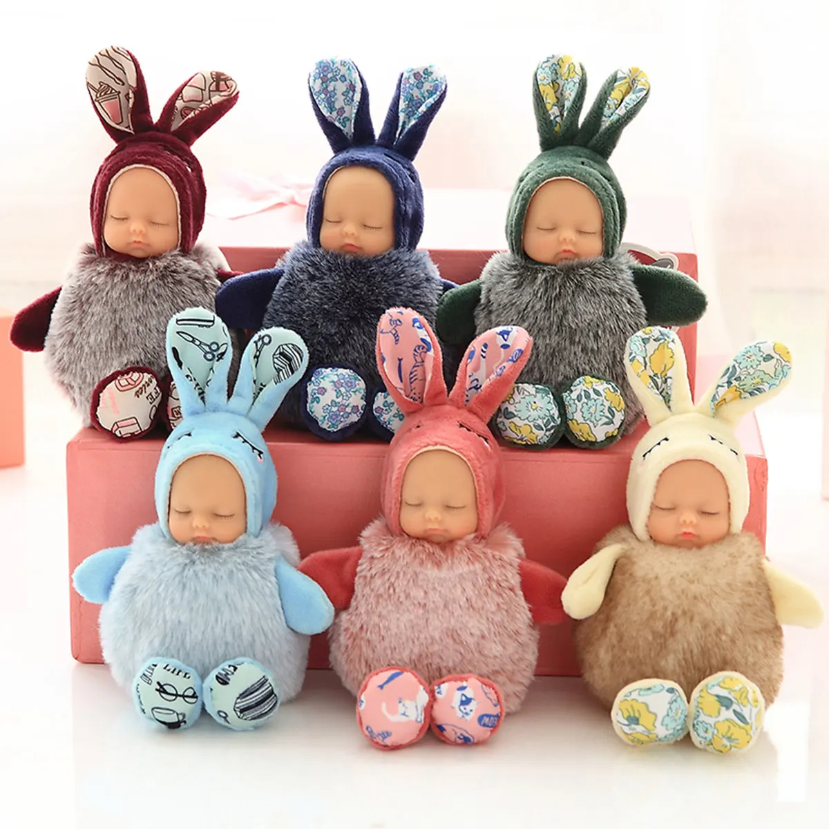 

15cm Plush Keychains Toy Rabbit Fur Sleeping Baby Doll Key Ring Soft Stuffed Flurry Bag Key Chain Fashion Gadget Accessories Toy