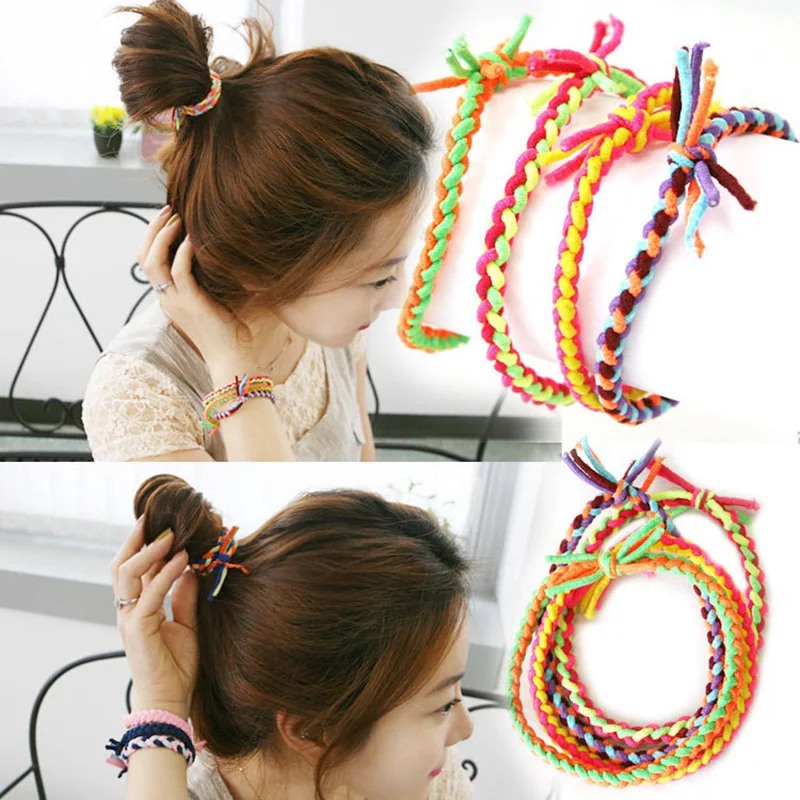 

10 Pcs/lot Lovely Fashion Women Girls Hand Wave Colorful Braided Elastic Rubber Party Hairband Rope Ponytail Holder Hair Rope