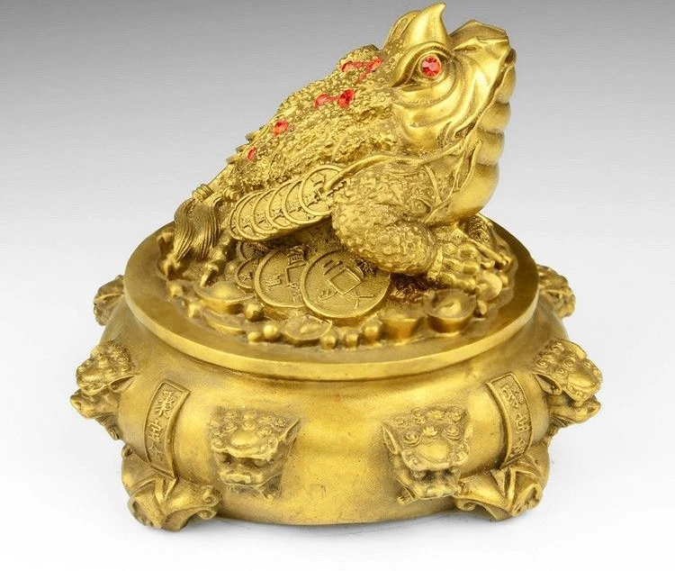 

China Pure Brass Fengshui Yuanbao Wealth Money Treasure Bowl Golden Toad Statue