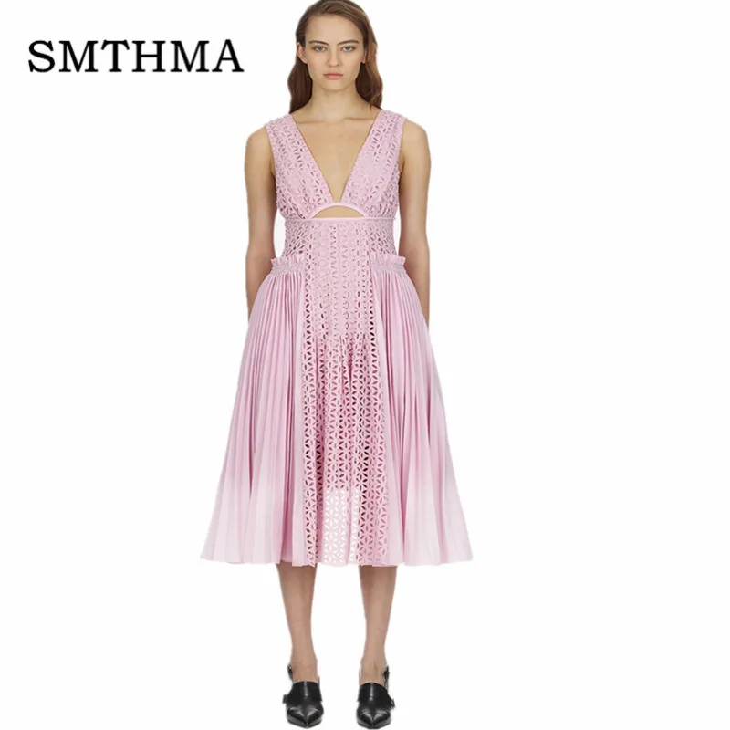 

SMTHMA New arrival High quality Self Portrait Summer Sleeveless Runway Dress Sexy V-neck pleated hollow waist Dresses vestidos