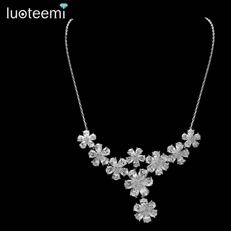 LUOTEEMI New Arrival Big Sale Flower Pendent Wedding Jewelry Sets Cubic Zircon Necklace Earrings For Women | Украшения и