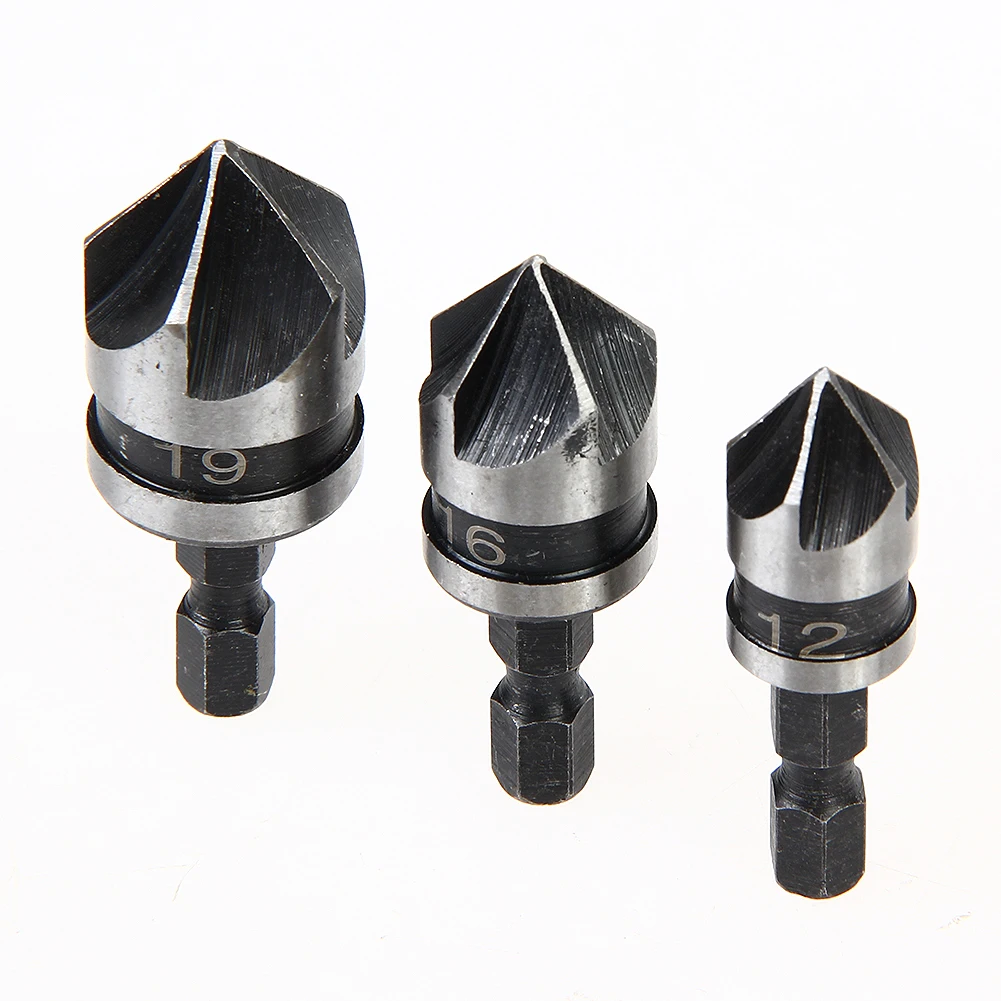 

3Pcs alloet 1/4 Hex 5 Flute 12-19mm Countersink Drill Bit For Wood Metal Quick Change Drill Bit Chamfer Cutting Woodworking Tool