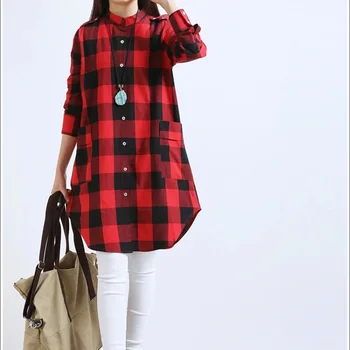 

Women Casual Long Sleeve A-Line Shirt Dress Irregular Plaid Tops BMF88