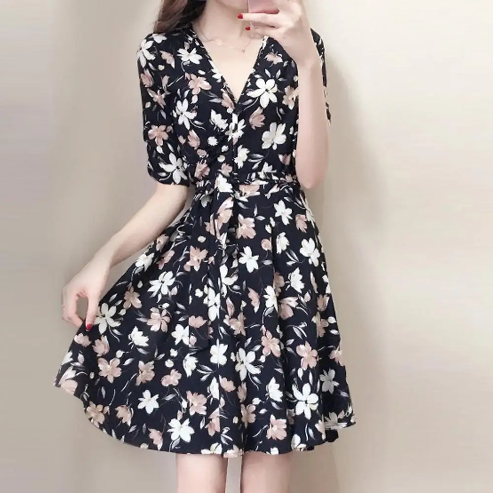 

Fashion Women Dress Sexy Floral Print Knee Length Short Sleeve Printing Elegant Dress V-Neck Summer Party Dress Vestidos Mujer