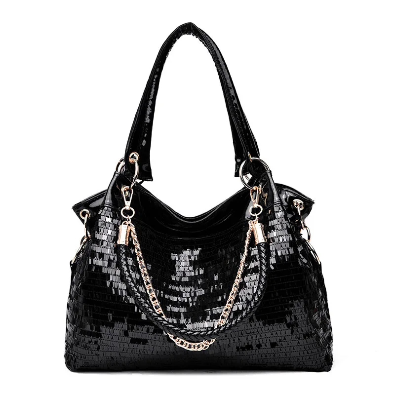 Black Patent Leather Bag Women 2018 New Bright Sequin Large Capacity Handbag Lady Casual Hobo ...