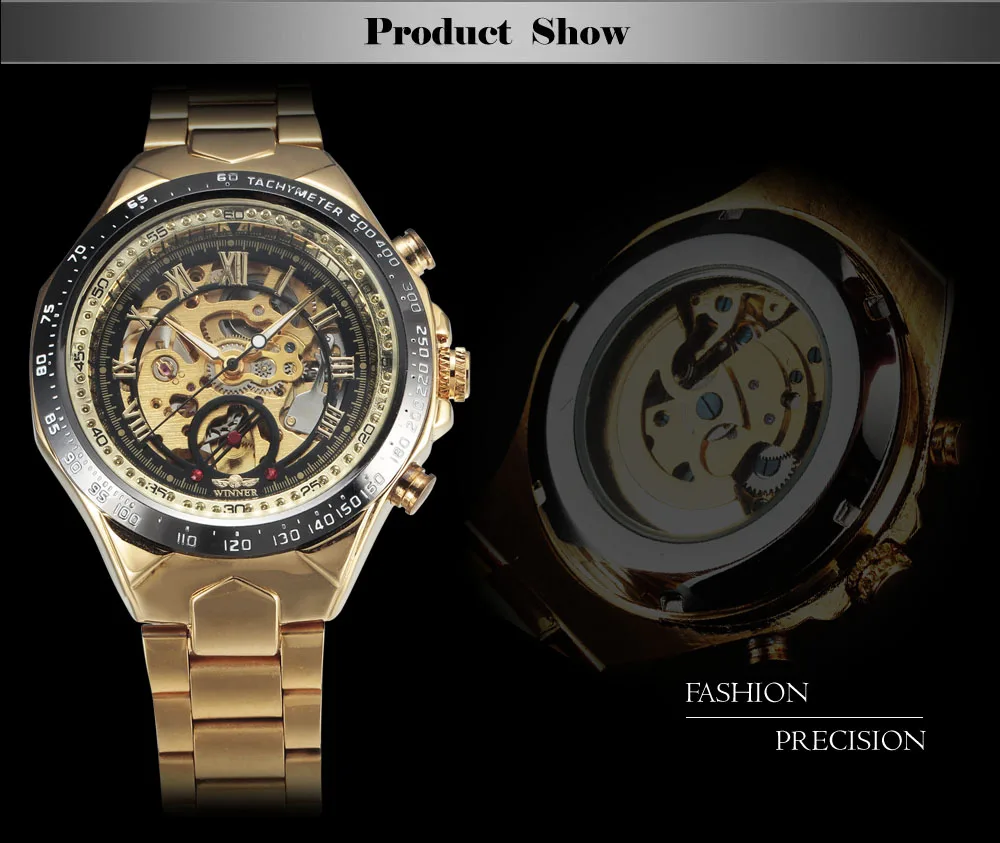 WINNER Топ Бренд роскошные золотые мужские s часы мужские повседневные часы полностью стальные автоматические механические часы спортивные военные часы подарок