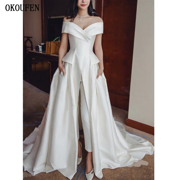 2019 Elegant Ivory Satin Jumpsuit Evening Dresses Off Shoulder Prom Dresses With Pockets Custom Sweep Train V Neck Women Formal Gowns 副本