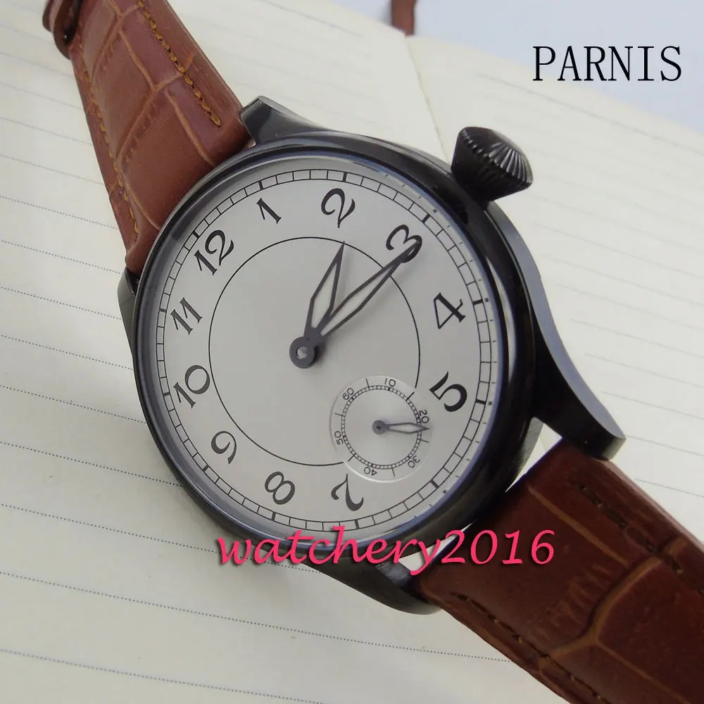 

New 44mm Parnis white dial Military brown Leather strap Top Brand Luxury PVD hand winding 6498 movement Men's business Watch